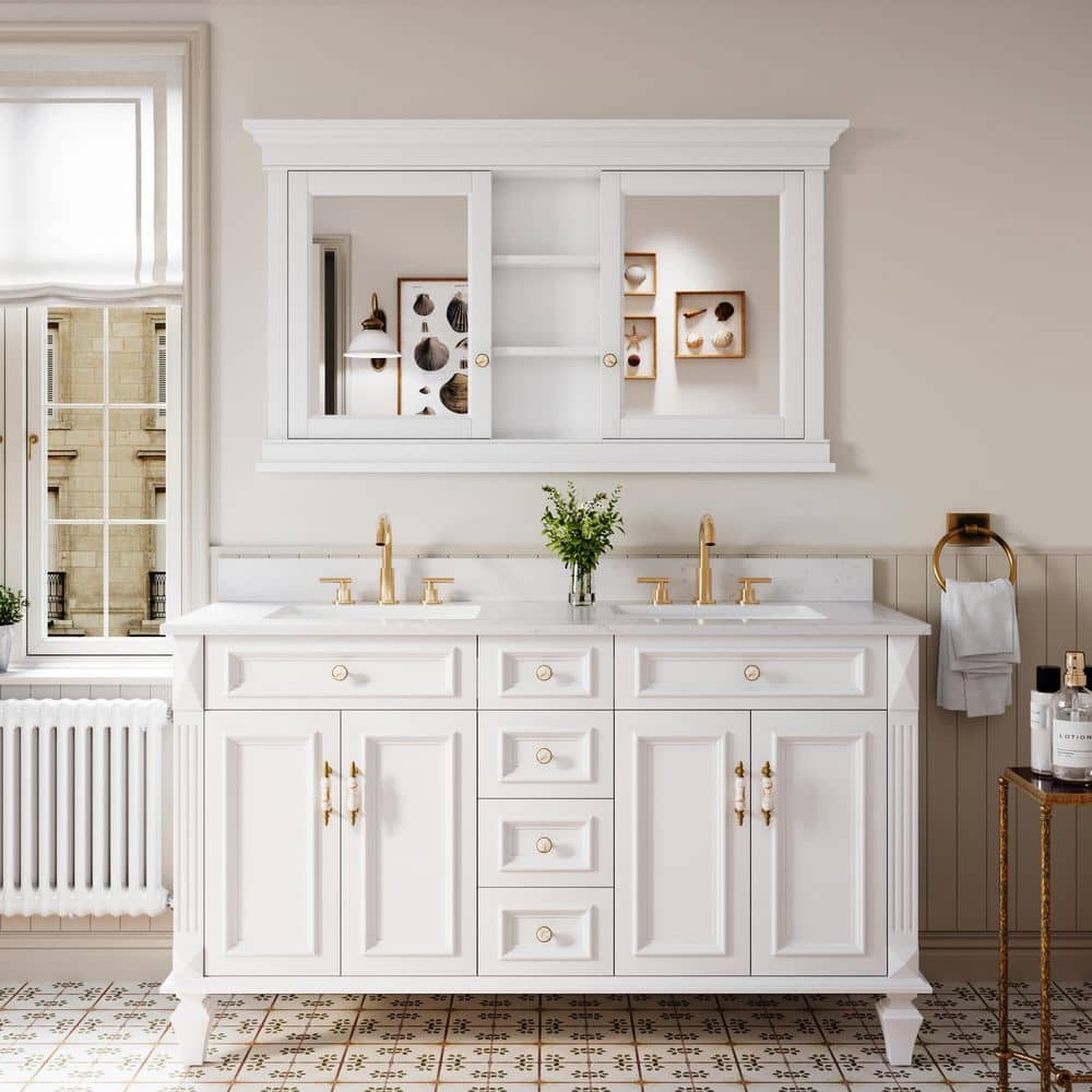 Eoviamne 55 in. W 32 in. H Solid Wood Medicine Cabinet with Mirror with Adjustable Glass Shelf White (2)