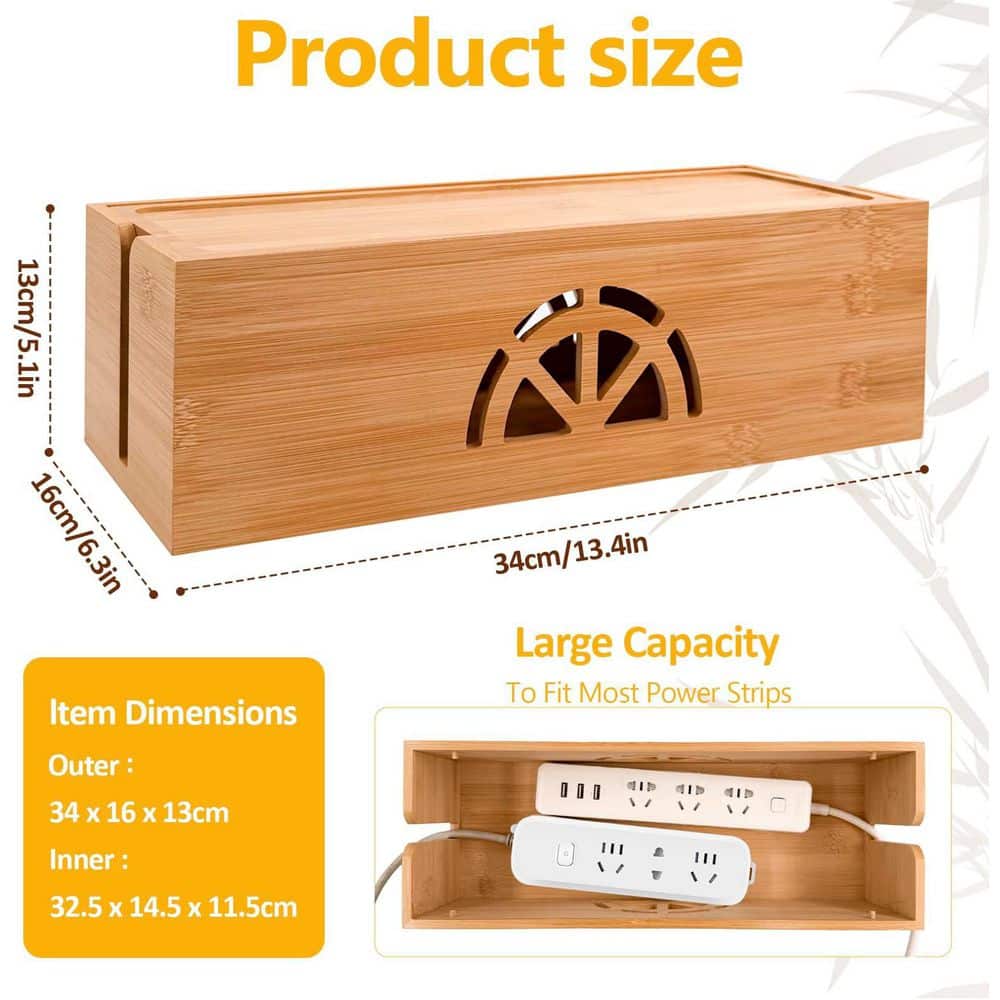 Ahfiwaso Extra Large Bamboo Cable Management Box Cord Organizer Power Strip Hider Outlet Holder Cords Concealer 1 Piece (2)