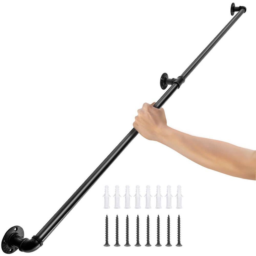 VEVOR 4 ft. Pipe Stair Handrail 440 lbs. Load Capacity Wall Mounted Handrail Round Corner Handrails for Outdoor Steps, Black (1)