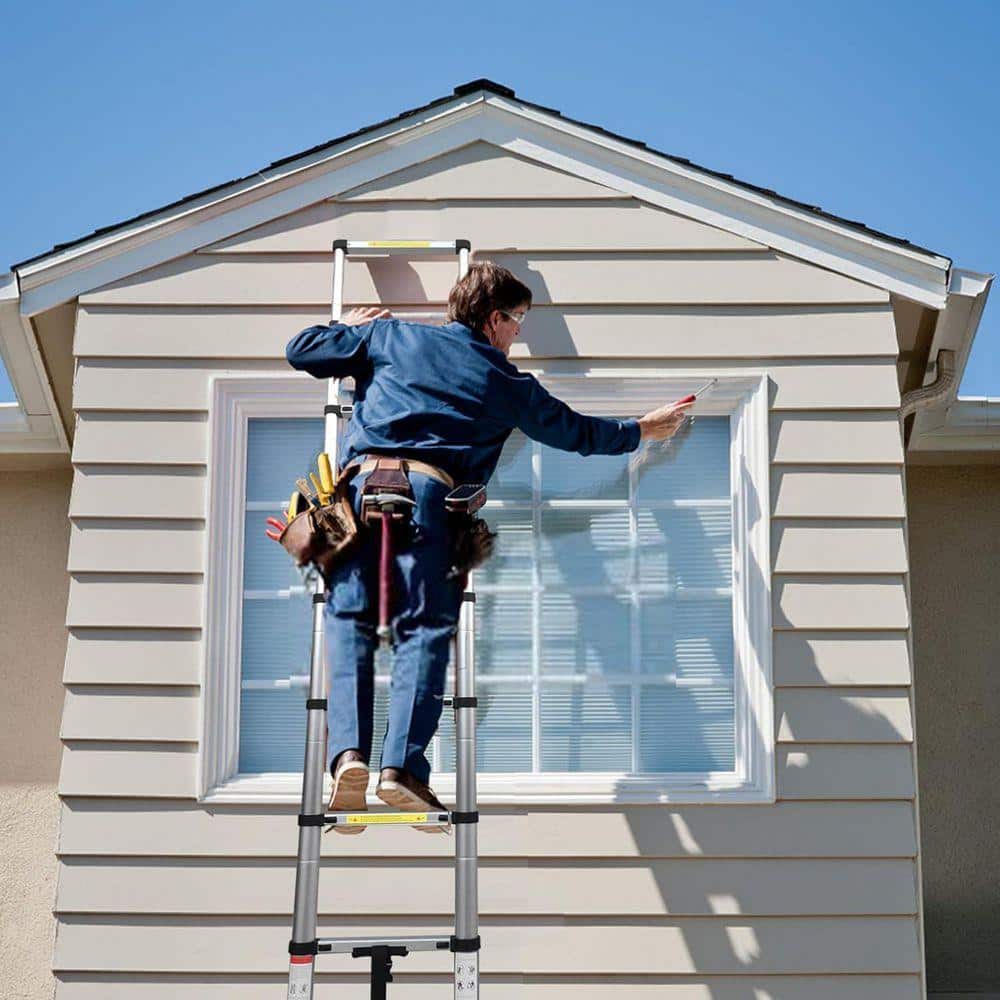 KIWDZFU Reach 14 ft. Telescoping Ladder Aluminum Collapsible Extension 330 lbs. Capacity w/ Triangle Stabilizers Ideal for Home (2)