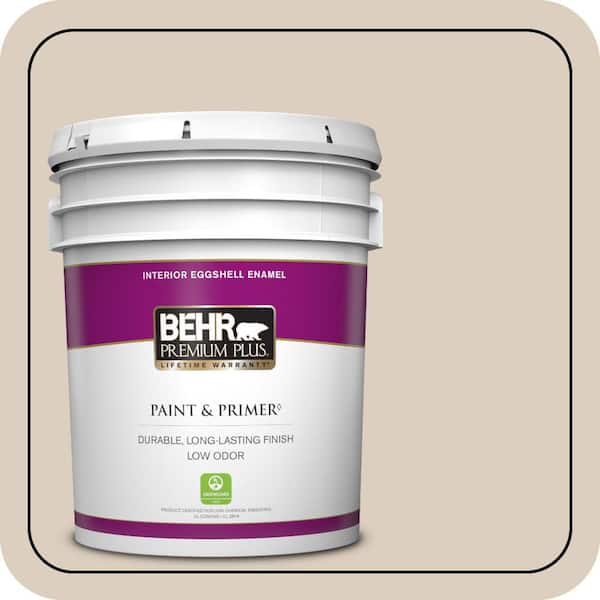 BEHR PREMIUM PLUS 5 gal. #OR-W07 Spanish Sand Eggshell Enamel Low Odor Interior Paint & Primer (2)