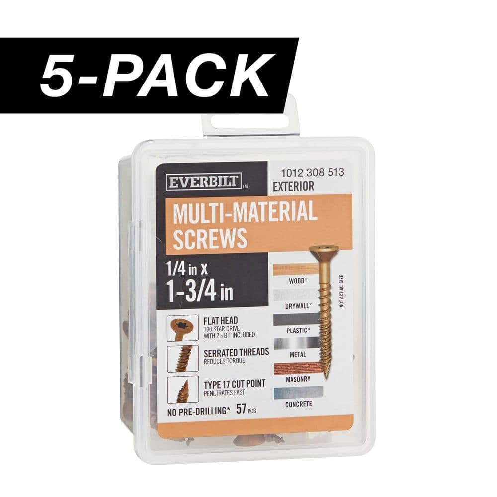 Everbilt 5-Pack 1/4 in x 1-3/4 in. Brown 6-Lobe Star Drive Exterior Flat Head Multi-Material Screw (5 lbs. / 295-Piece)