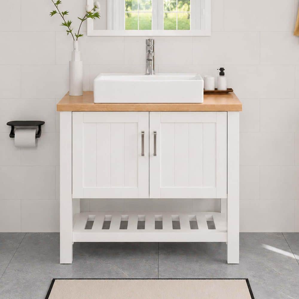 Bezeit 32 in. Freestanding Single Sink White Bath Vanity with Natural Solid Wood Top and Ceramic Sink (Self Assembly Needed)