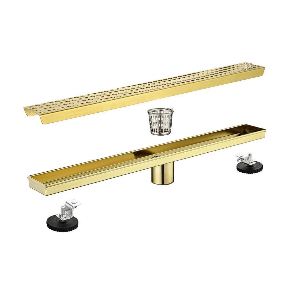 Miscool Ami 24 in. Linear Shower Drain With Grid Design Square Pattern Drain Cover In Brushed Gold (1)
