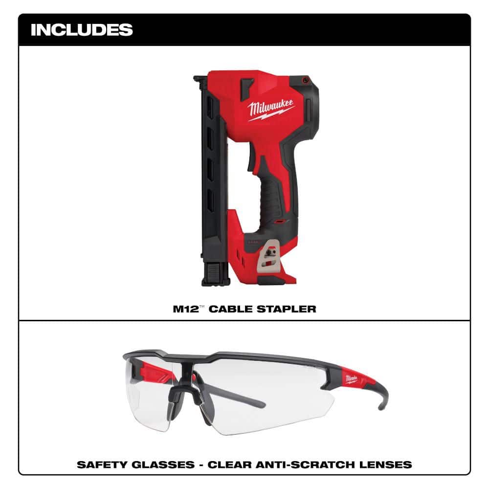 Milwaukee M12 12-Volt Lithium-Ion Cordless Cable Stapler w/ Clear Safety Glasses Anti-Scratch Lenses (2)
