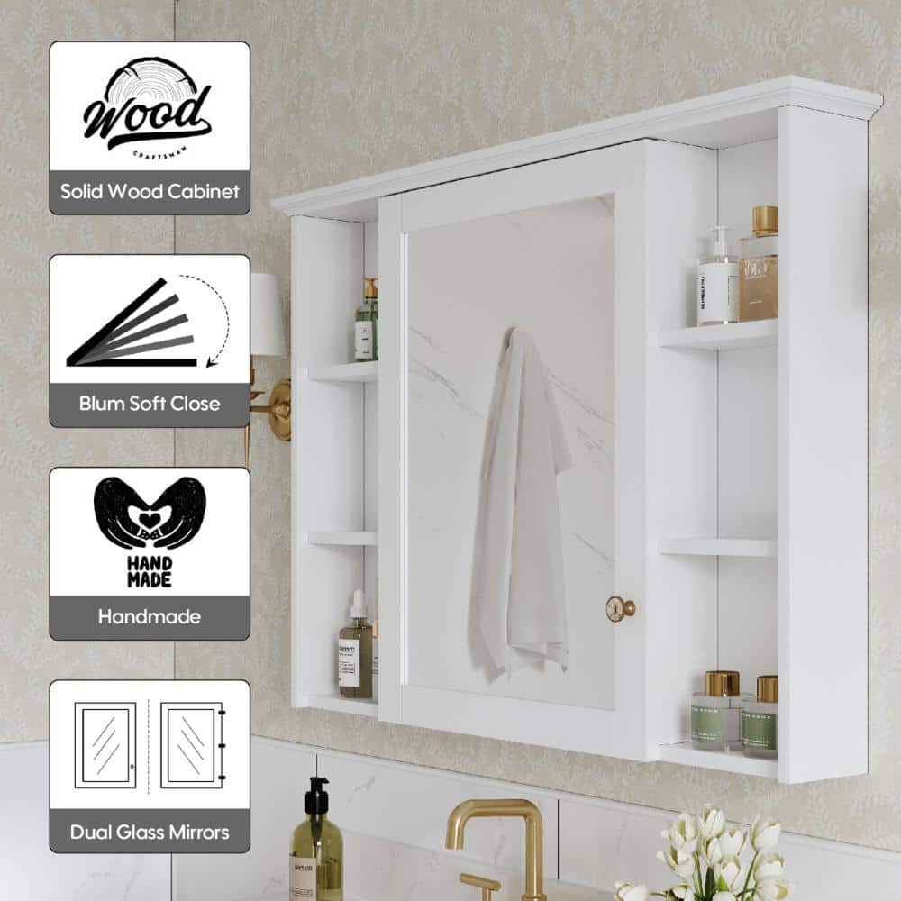 Eoviamne 42 in. W 30 in. H Wood Surface Mount Medicine Cabinet with Mirror, 2-Sided Mirror, Blum Soft Close (4)