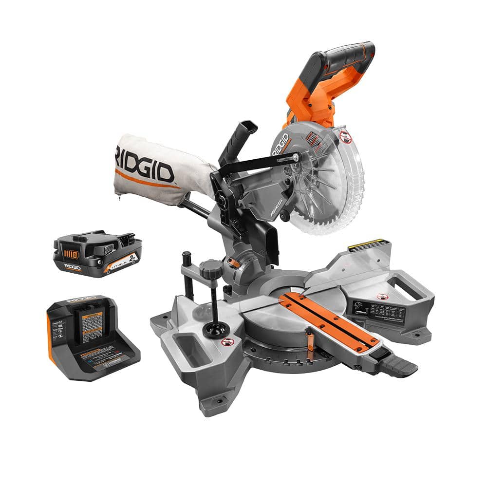 RIDGID 18V Brushless 7-1/4 in. Dual Bevel Sliding Miter Saw with 18V Lithium-Ion 2.0 Ah Battery and 18V Charger (1)