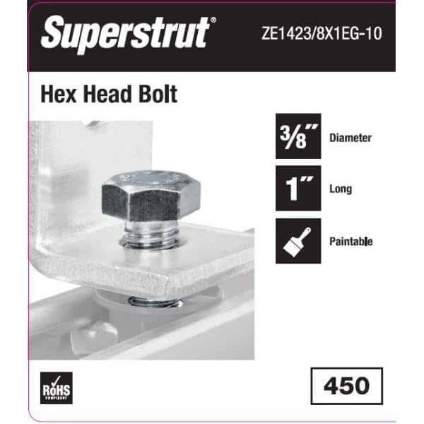 Superstrut 3/8 in. x 1 in. Strut Fitting Hex Head Bolt Silver Galvanized (5-Pack) (ZE1423/8X1EG-10) (2)