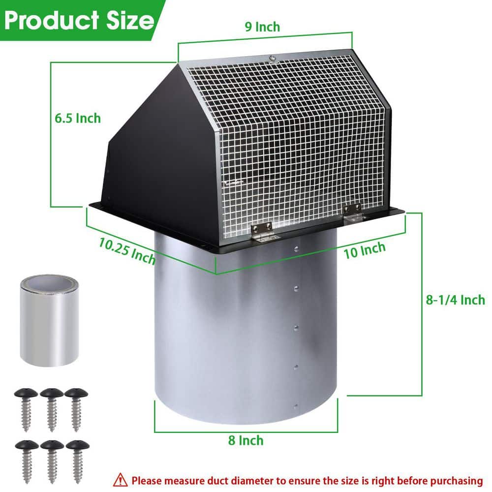 Helhom 8 in. Black Hooded Wall Exhaust Vent with Screen and Damper, Galvanized Steel, 1-Pack (2)