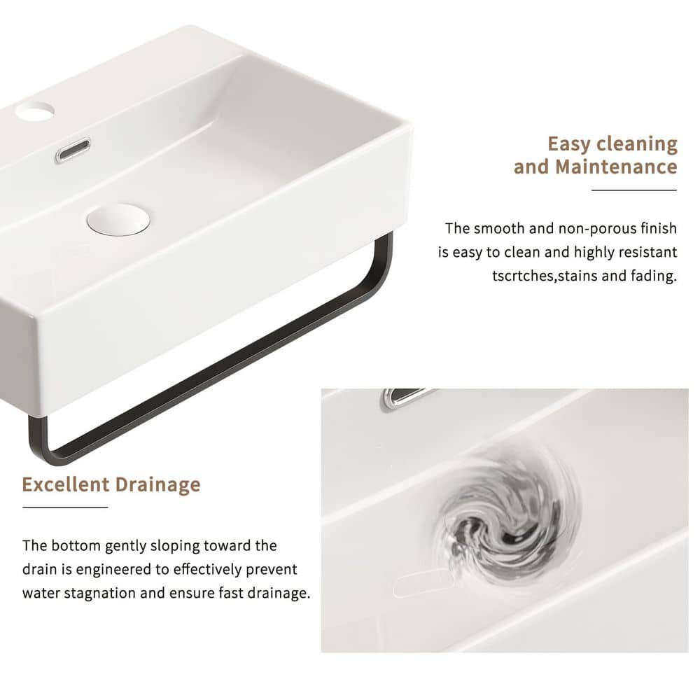 Tatahance 23.63 in Rectangular Wall-Mounted Bathroom Sink in Milk White Ceramic with Towel Rack and Faucet Hole (2)