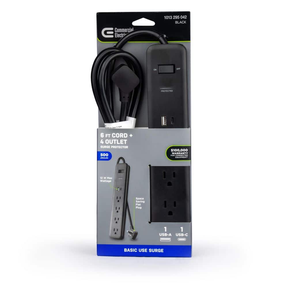 Commercial Electric 6 ft. 4-Outlet Surge Protector with USB-A USB-C Ports (3)