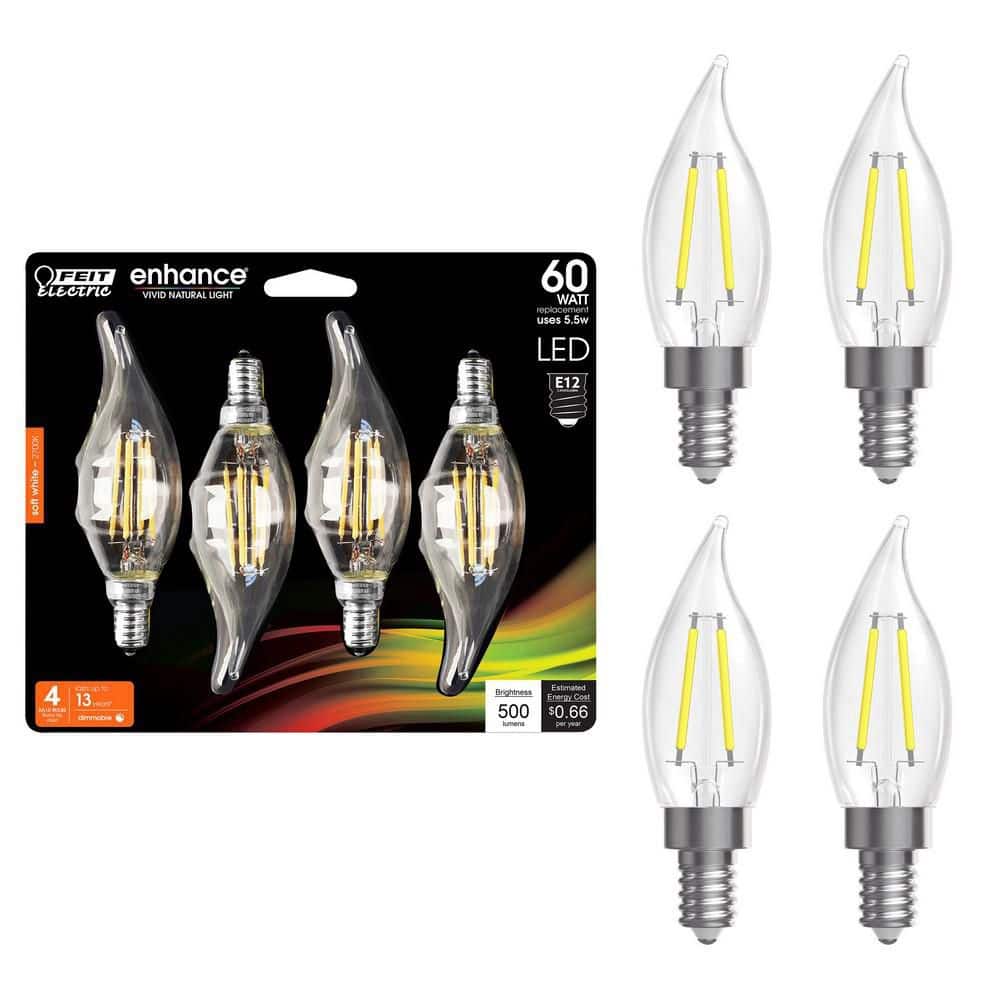 Feit Electric 60-Watt Equivalent BA10 E12 Candelabra Dimmable Filament CEC Clear Chandelier LED Light Bulb, Soft White 2700K (4-Pack) (2)