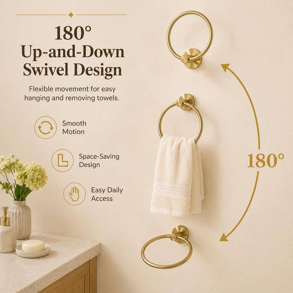 KHKFY Brushed Gold Bathroom Hardware Set with 180-Degree Rotating Towel Ring and Versatile Toilet Paper Holder (3)