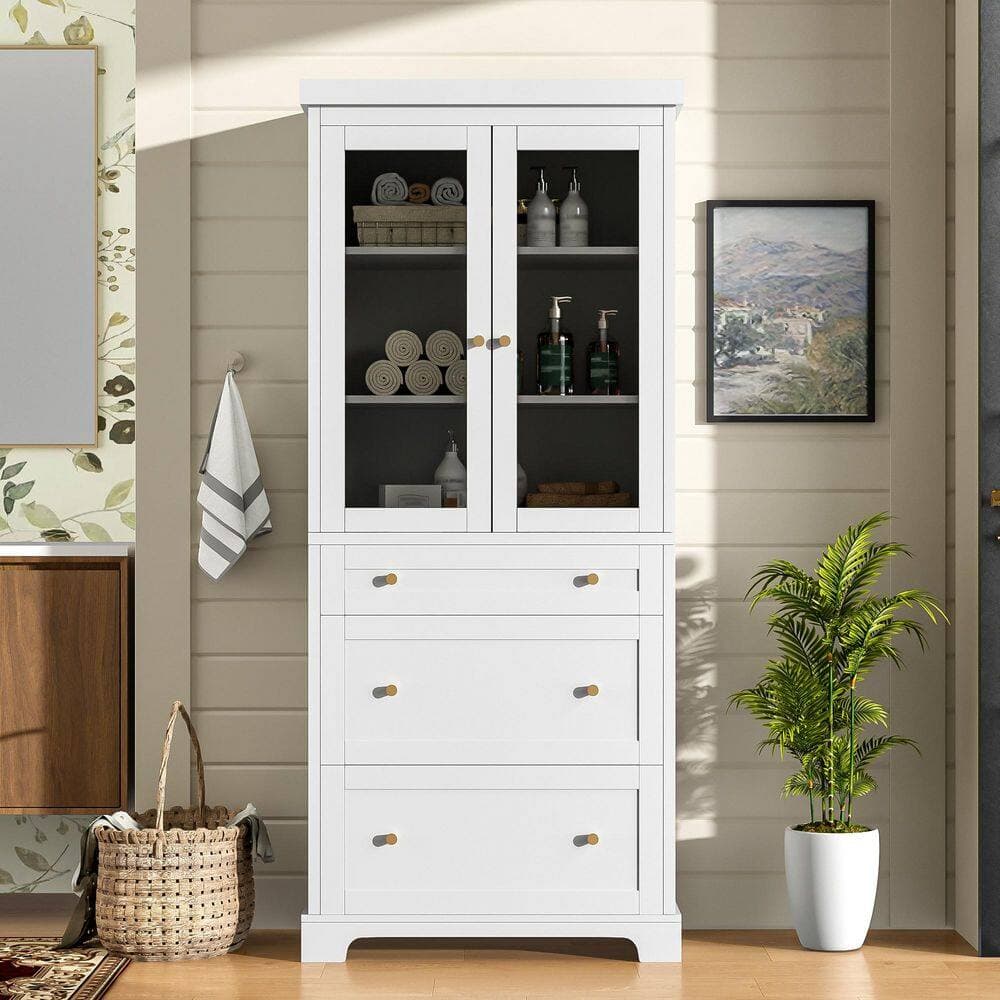 Tatahance 30.1 in. W x 15.7 in. D x 70.1 in. H White Wood Freestanding Linen Cabinet with 2-Adjustable Shelves and Glass Doors (2)