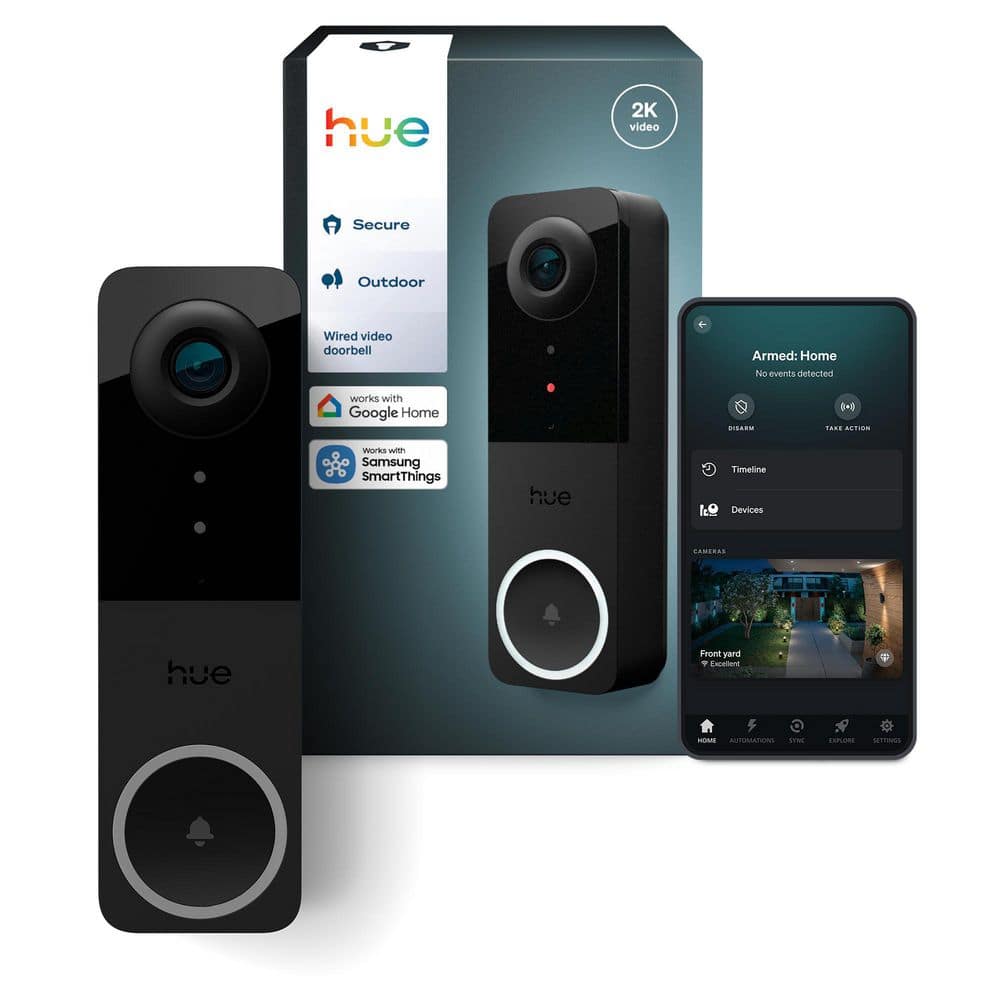 Philips Hue Secure Smart Wi-Fi Wired HD Video Doorbell Camera with Head-to-Toe Video, 2-Way Talk, and Motion Detection, Black