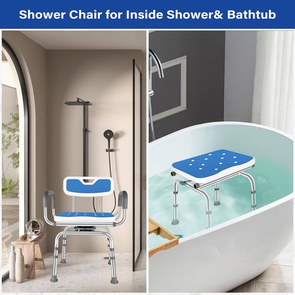 Anqtovp 17.7 in. W Freestanding 360° Swivel Seat, Adjustable Height, Arms and Back Shower Chair in Blue (3)