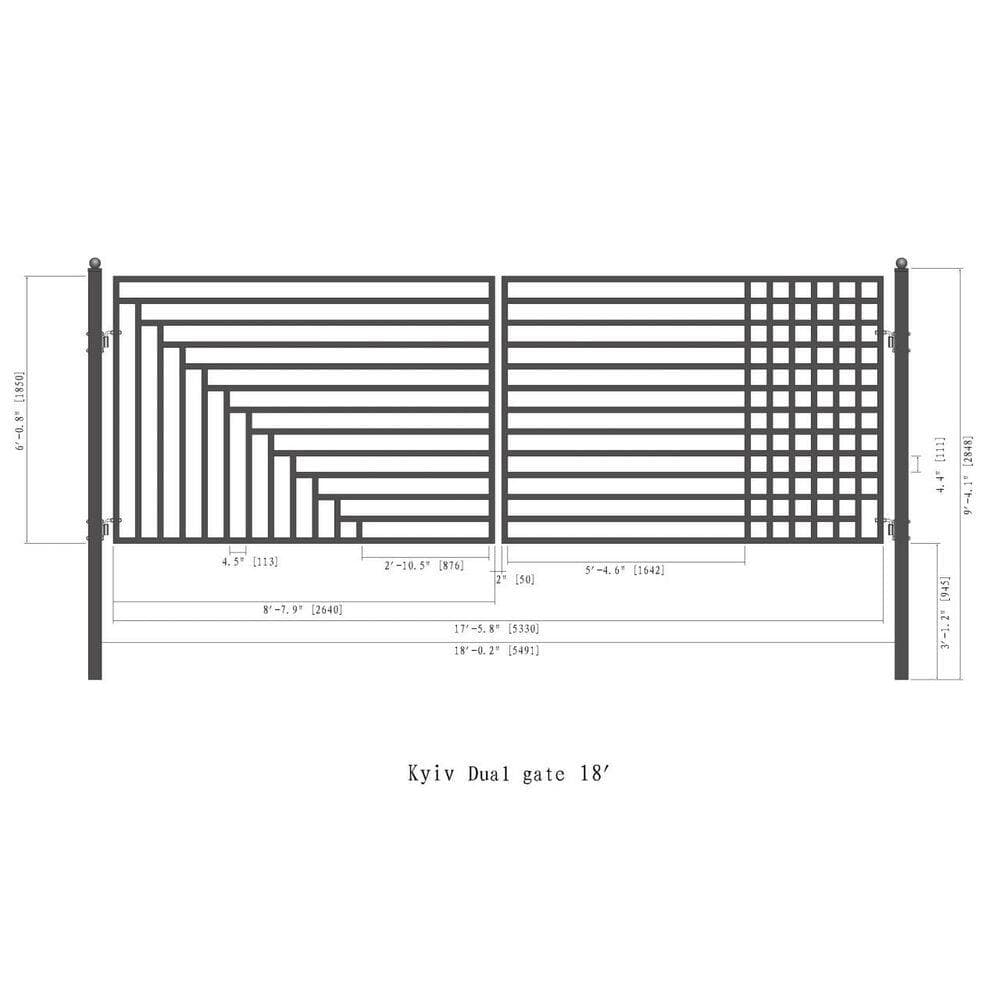 ALEKO Kyiv Style 18 ft. x 6 ft. Black Steel Dual Swing Driveway Gate Kit with Pedestrian Gate (2)