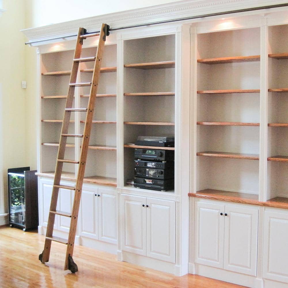 Quiet Glide 8.92 ft. Maple Library Ladder (10 ft. Reach) Black Rolling Ladder Kit with 12 ft. Rail and Horizontal Brackets (2)