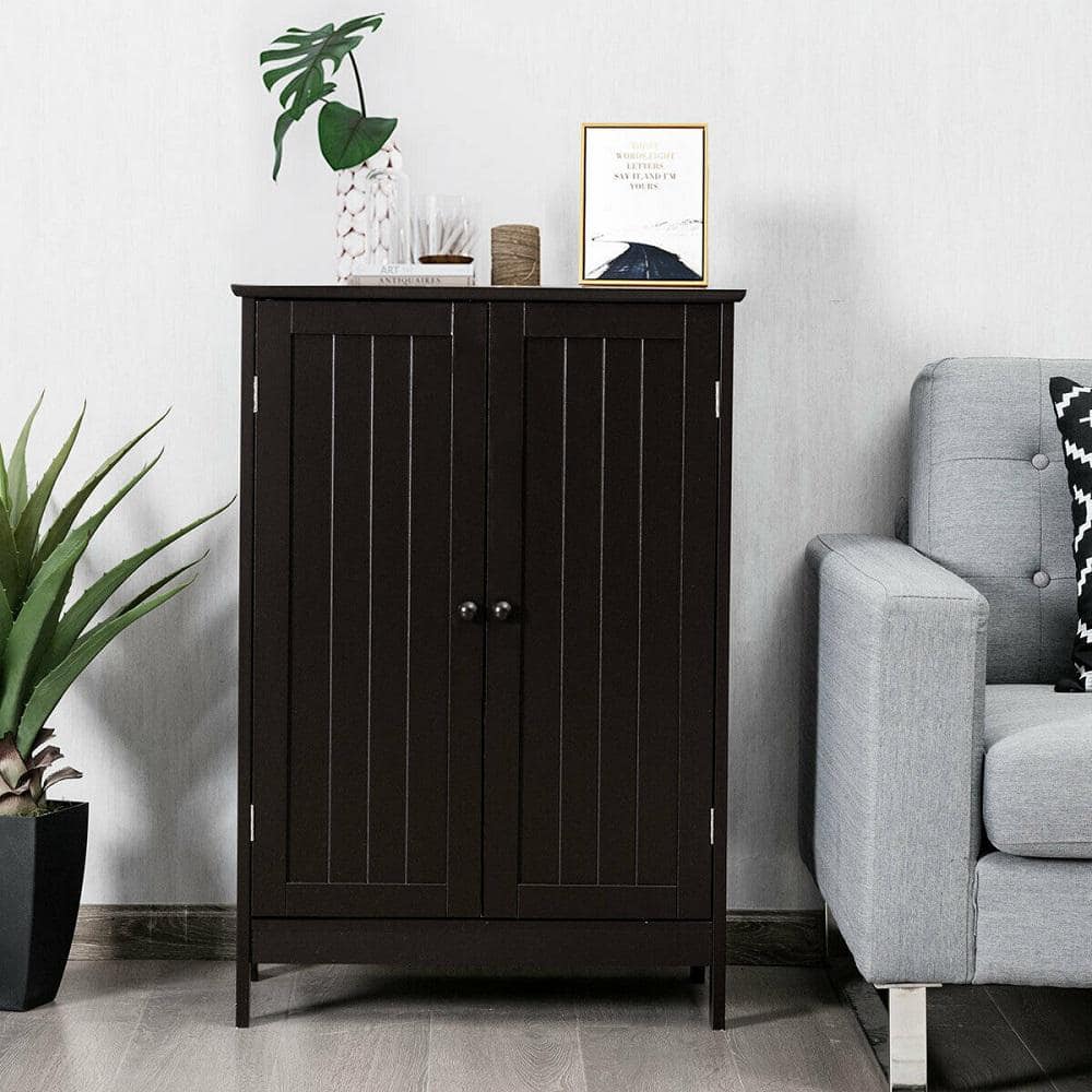 Gymax 23.5 in. W Bathroom Floor Storage Linen Cabinet Double Door Kitchen Cupboard Shoe Cabinet Brown (2)