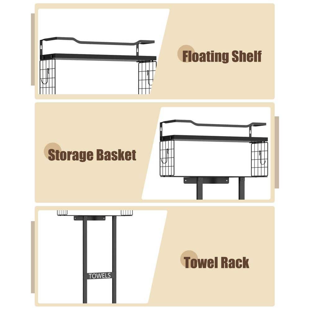 KHKFY 31 in. Wall Mounted Bathroom Towel Rack with Floating Wood Shelf, Holds 6 Large Rolled Towels, All Black (3)