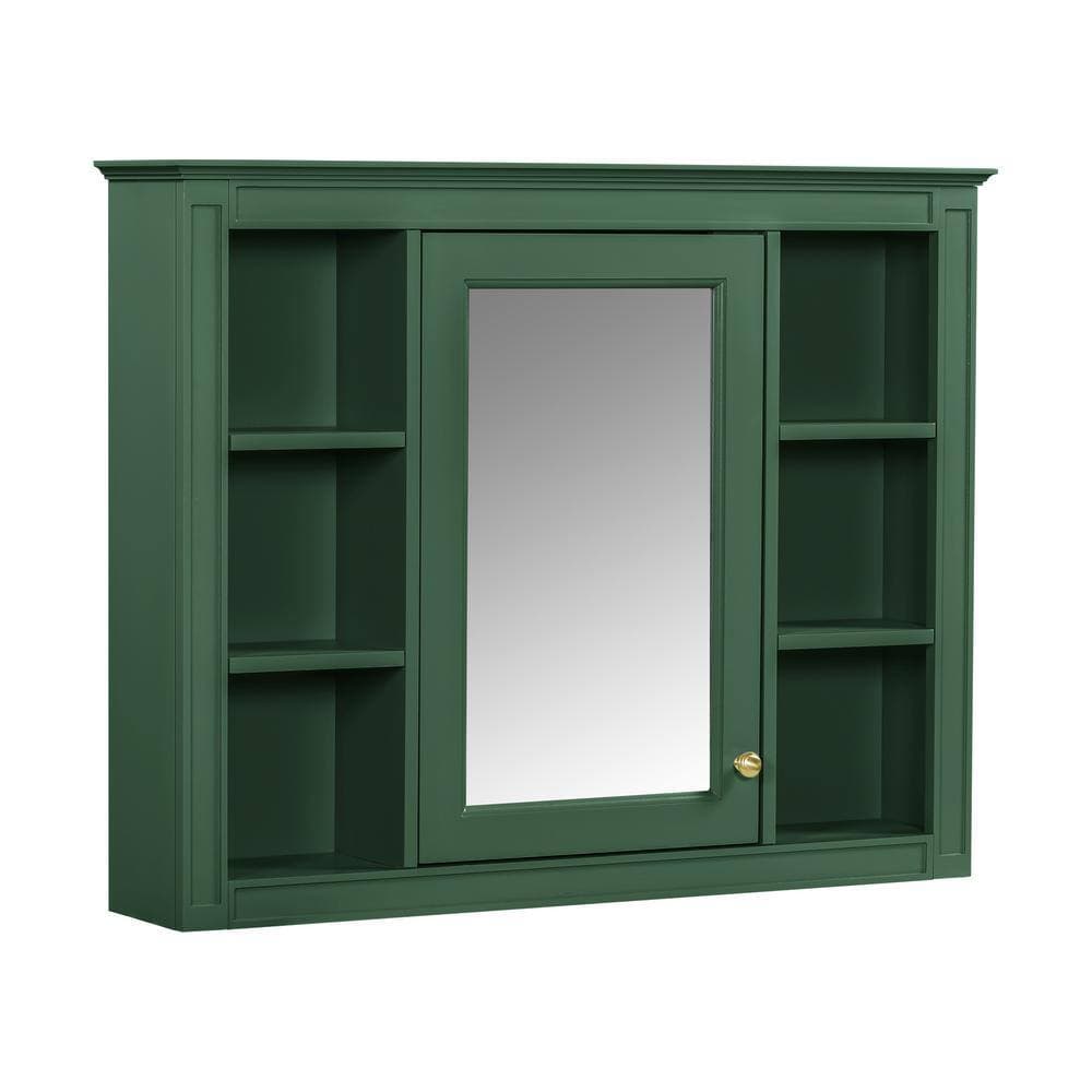 cadeninc 35.03 in. W x 7.32 in. D x 27.5 in. H  Wall Mounted Bathroom Storage Cabinet in Green with Mirror and 6 Open Shelves (3)