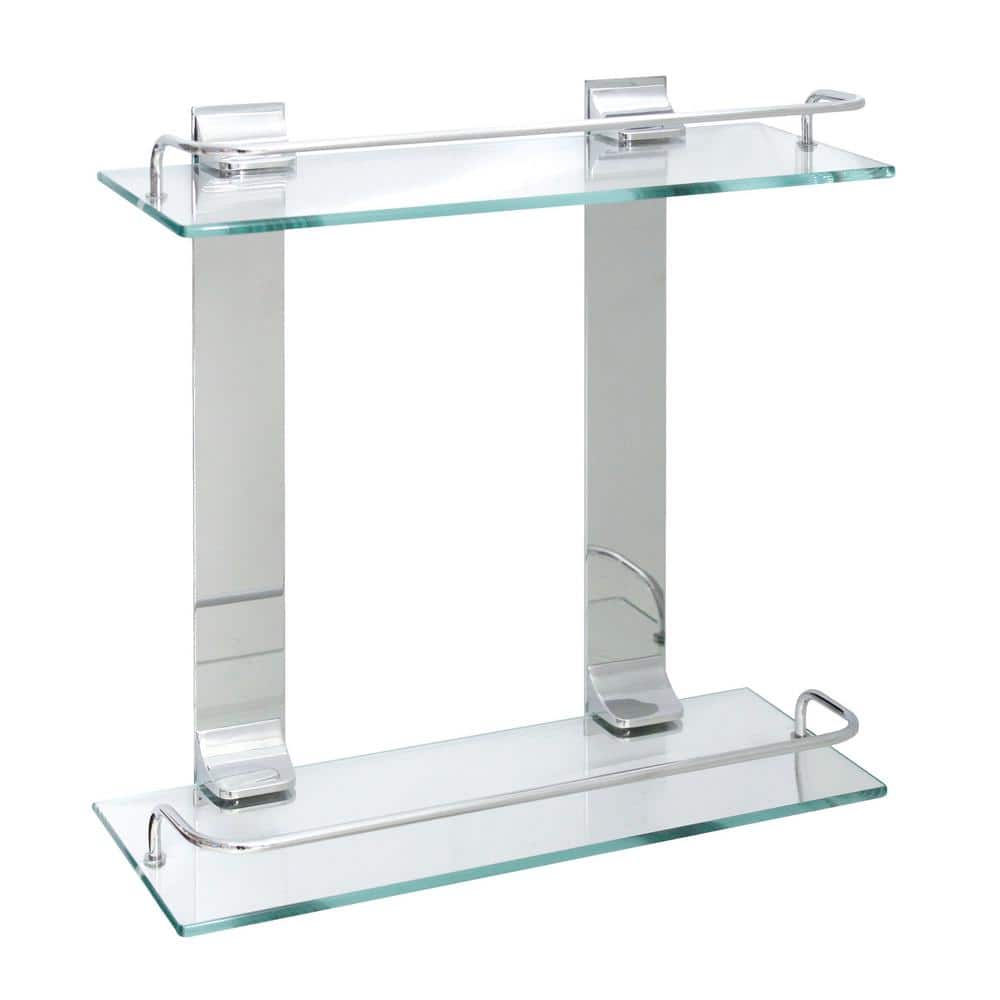 MODONA 13.75 in. x 13.5 in. x 5 in. Double Glass Wall Shelf with Pre-Installed Rails in Polished Chrome (3)