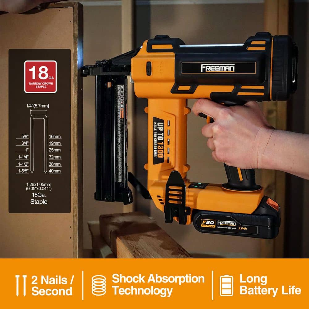 Freeman 20-Volt Cordless 18-Gauge 1-5/8 in. Narrow Crown Stapler Kit with Staples (200-Count) - 1300 Shots per Charge (2)