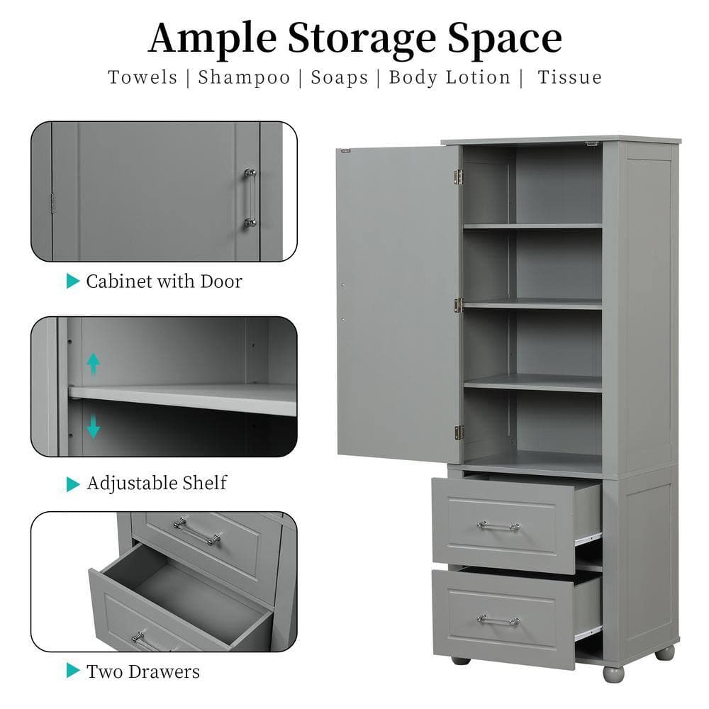 YSQCAR 23 in. W x 16 in. D x 61 in. H Freestanding Gray Linen Cabinet with Door Anti-Tip, Three-layer Open Shelf (2)