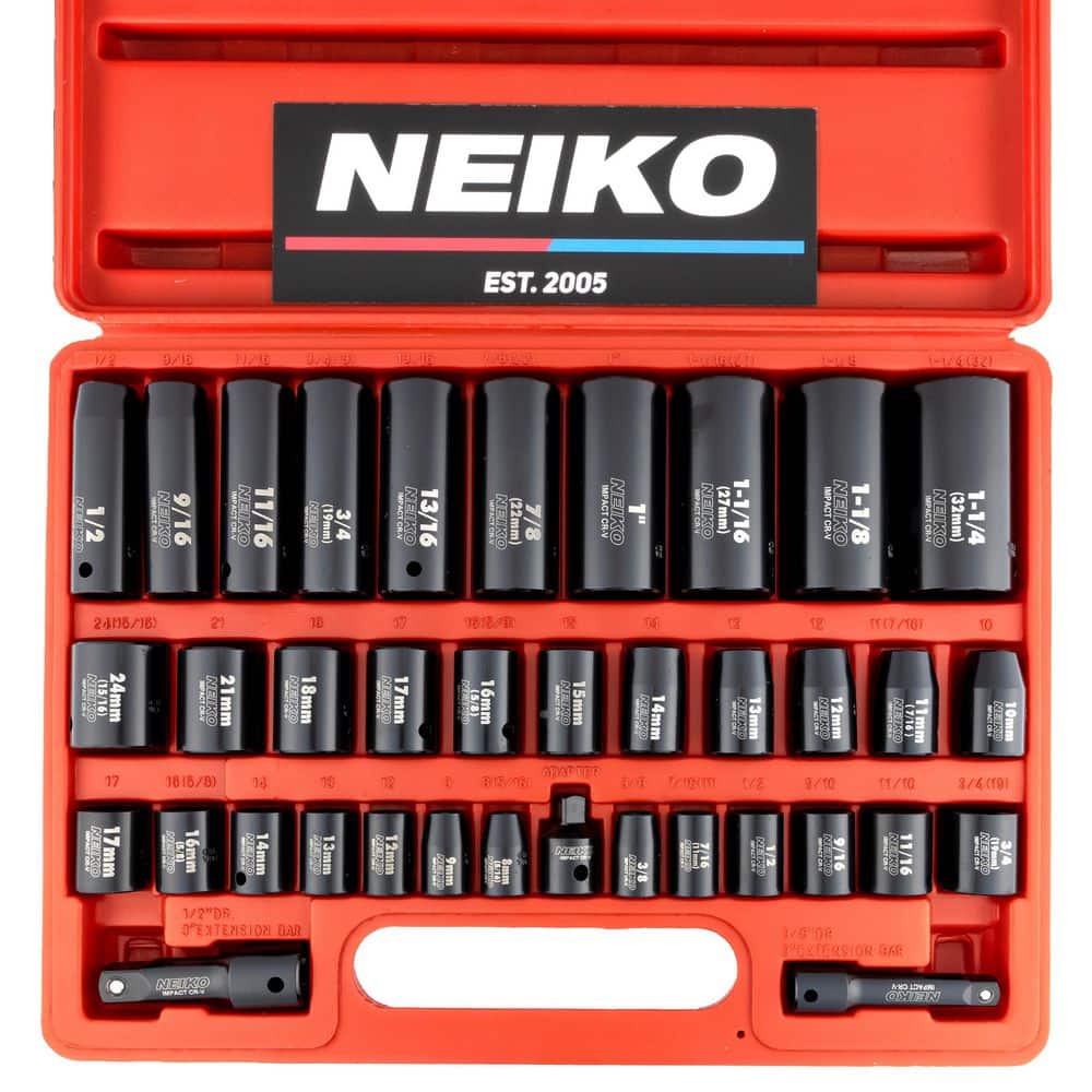 NEIKO 3/8 in. and 1/2 in. Drive SAE and Metric Impact Socket Set (38-Piece) (1)