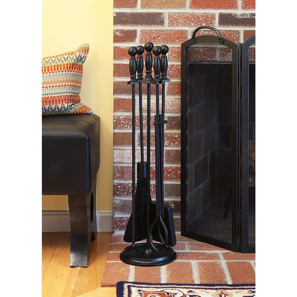ACHLA DESIGNS 30.25 in. Tall 5-Piece Black Chelmsford Fireplace Tool Set (2)
