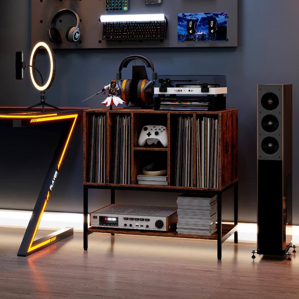 Volenca Record Player Stand with Charging Station, Metal Frame with Open Shelves, Vinyl Storage (2)