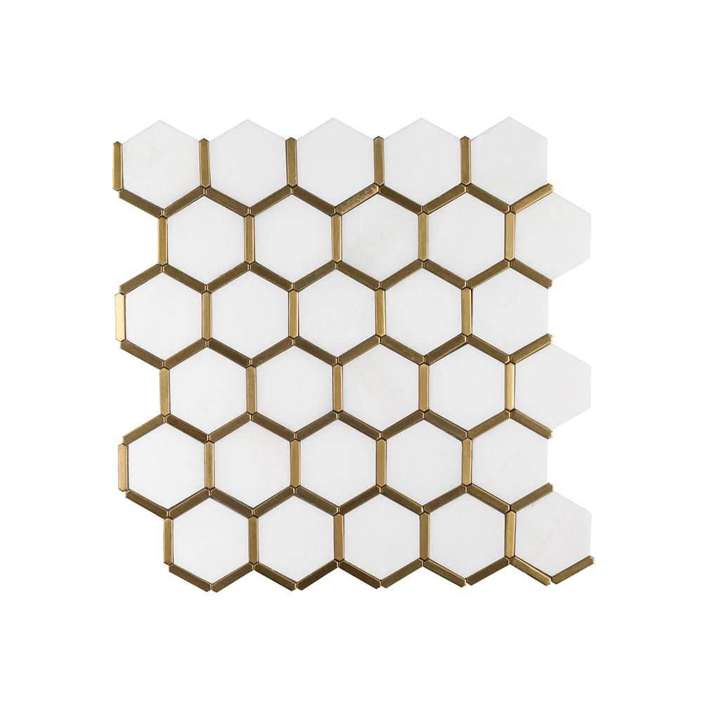 Jeffrey Court Karats White 10.625 in. x 11.125 in. Hexagon Polished Marble/Gold Metal Floor and Wall Mosaic Tile (0.820 sq. ft./Each) (2)