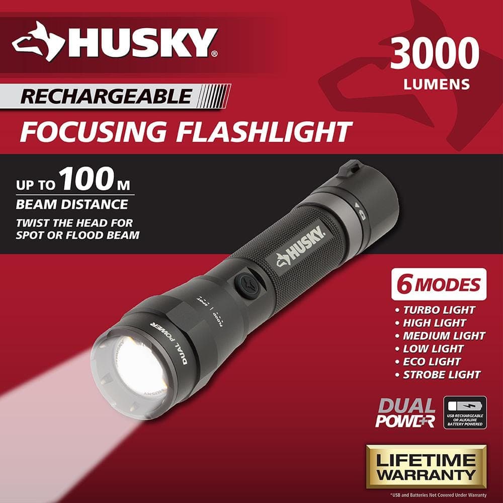 Husky 3000-Lumens Dual Power LED Rechargeable Tactical Focusing Handheld Flashlight (3)