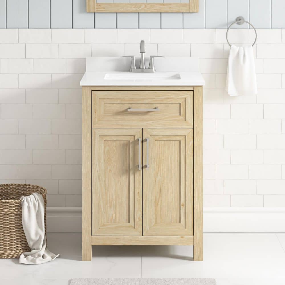 Home Decorators Collection Beaufort 24 in. Single Sink Freestanding Light Birch Bath Vanity with White Engineered Stone Top (Assembled)