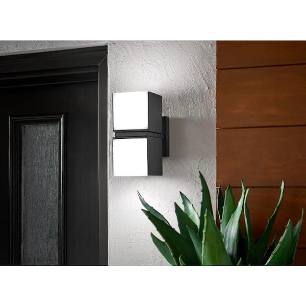 Home Decorators Collection Keating 8.39 in. 2-Light Dark Gray Hardwired LED Outdoor Wall Light Lantern Sconce with Integrated LED Bulb