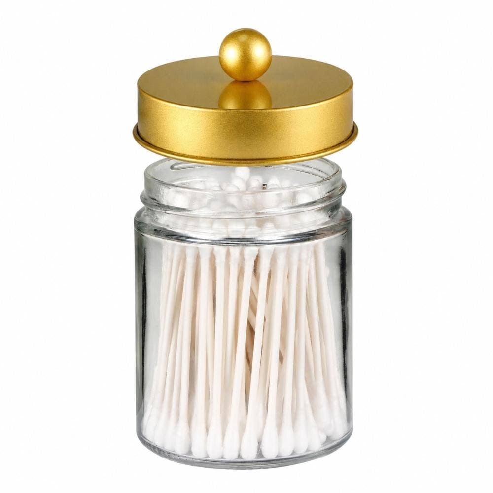 Unbranded Set of Two Clear Glass Apothecary Storage Jars with Gold Lids for Bathroom Countertop Organization (3)