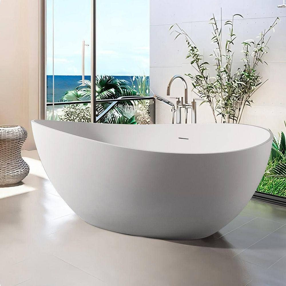 UPIKER Aristocratic 63 in. x 37.4 in. Solid Surface Stone Resin Soaking White Bathtub with Center Drain in White (2)