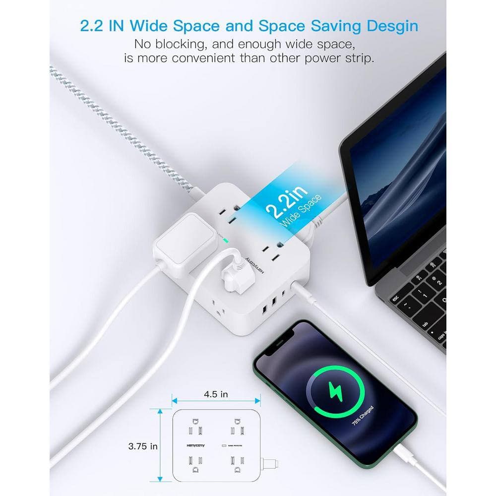 Ahfiwaso 8-Outlet Power Strip Surge Protector with 4-USB (2-USB C) and 25 ft. Braided Extension Cord Flat Plug in White (3)
