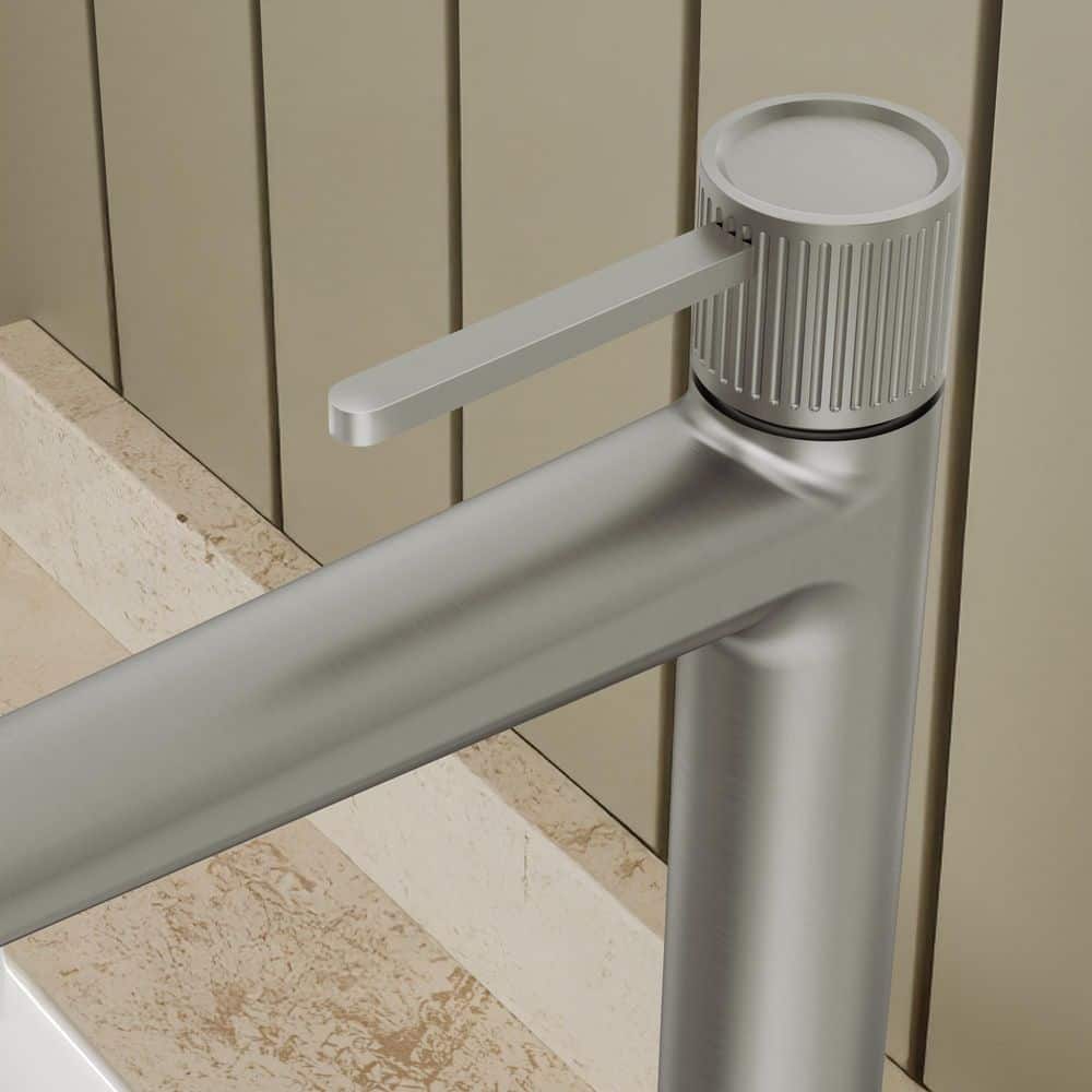GRANDJOY 12.8 in. H Mid-Arc Single Handle Single Hole Vessel Sink Faucet Spot-Resist with Pop Up Drain Included in Brushed Nickel (3)
