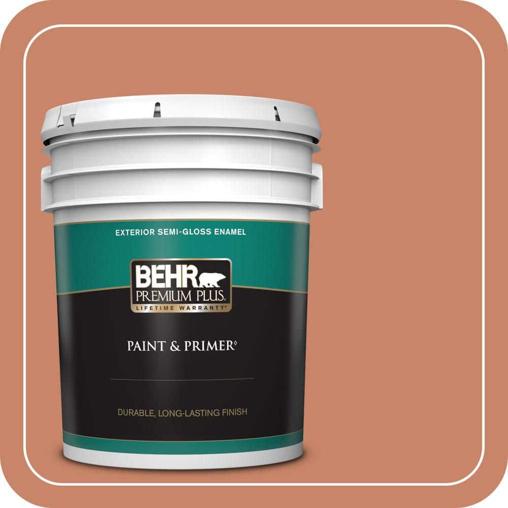 BEHR PREMIUM PLUS 5 gal. #MQ4-39 Cabana Melon Semi-Gloss Enamel Exterior Paint & Primer