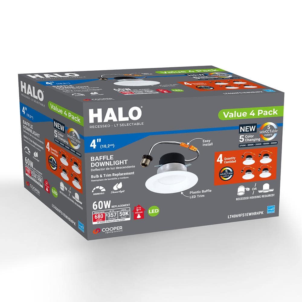 HALO 4-pack LT 4 in. Selectable 5CCT IC Rated Indoor Integrated LED Recessed Light w/ Baffle Trim, 600 Lumens, Matte White (3)