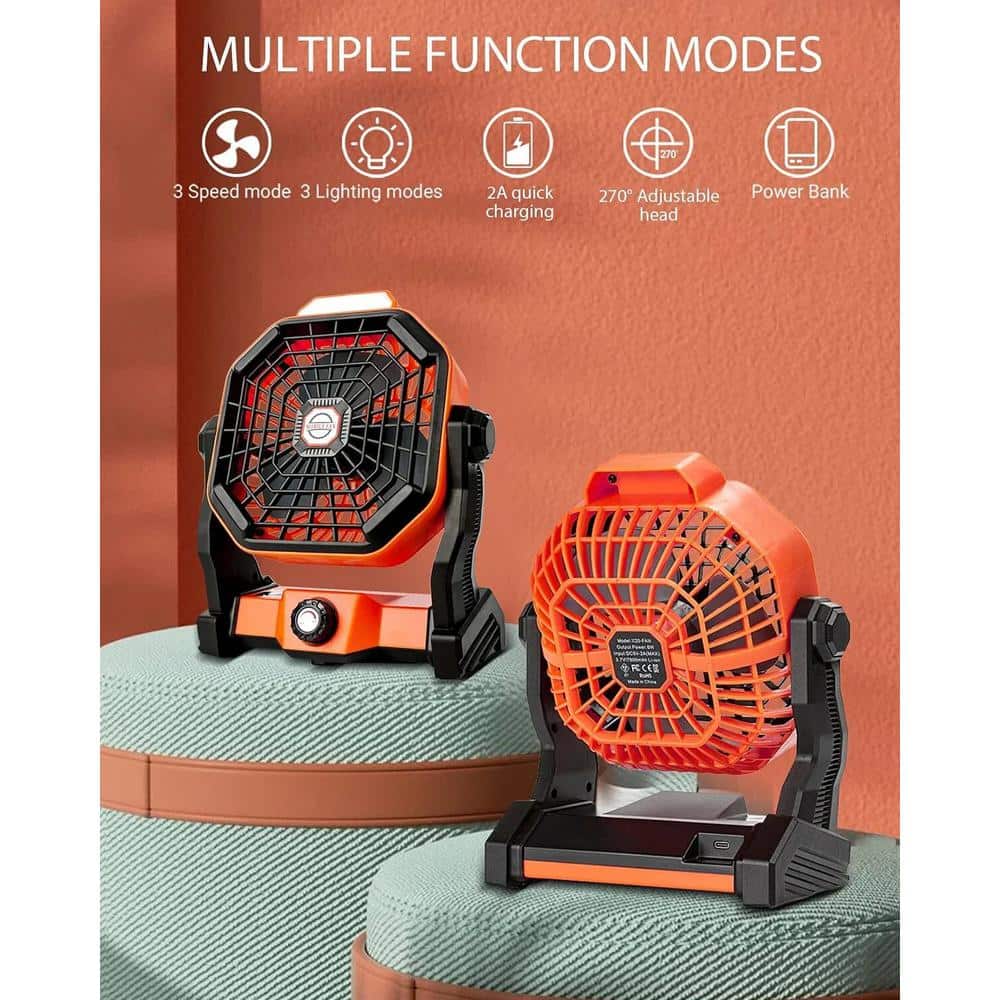 Adrinfly USB Movable Portable Rechargeable 7 in. 3 Fan Speeds Desk Fan in Orange, 7800mAh Battery Powered 3 Level LED Lights (3)