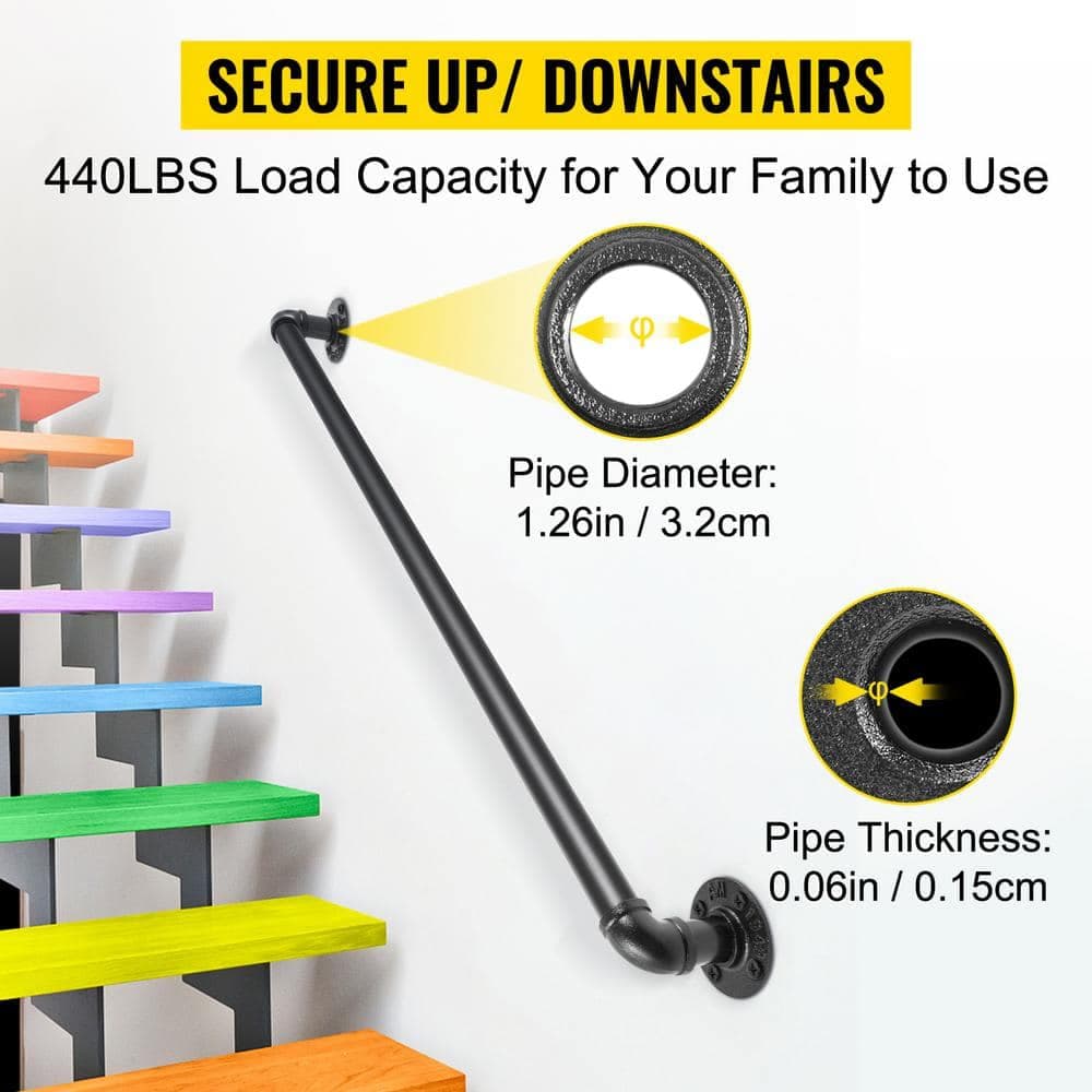 SKYSHALO Pipe Stair Handrail 24 in. x 3.74 in. Black Staircase Handrail 440 lbs. Carbon Steel Pipe Stair Railing Kit (3)