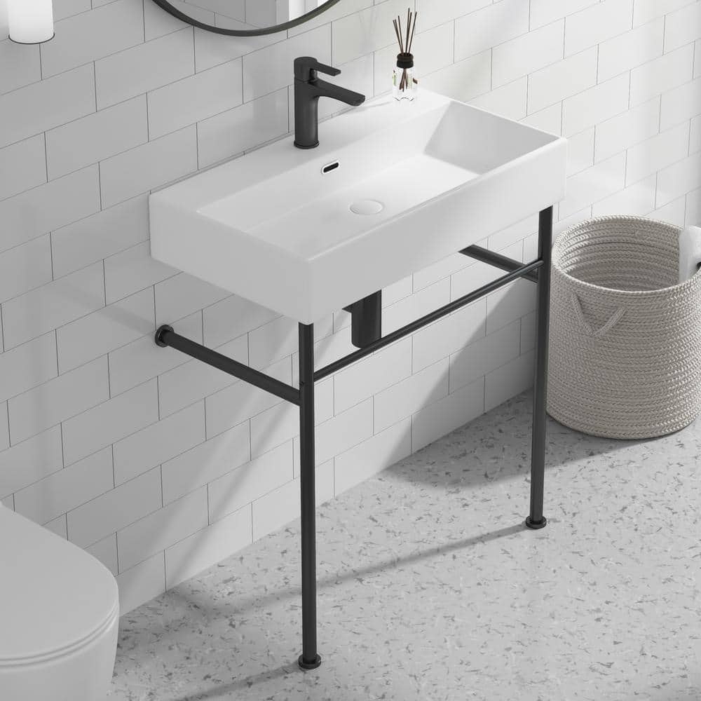 Eridanus Turner 30 in. Vitreous China White Console Sink Basin and Matte Black Stainless Steel Legs Combo with Overflow (2)
