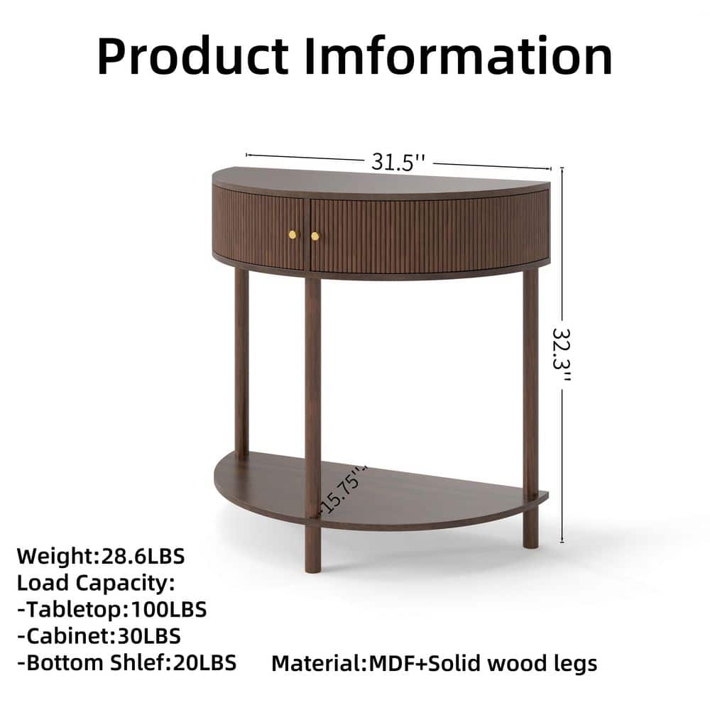 Lycvki 31.50 in. W 32.30 in. H x 15.75 in. D Wood Half Round Shelf in Brown with 2 Storage Drawers and Bottom Shelf (2)