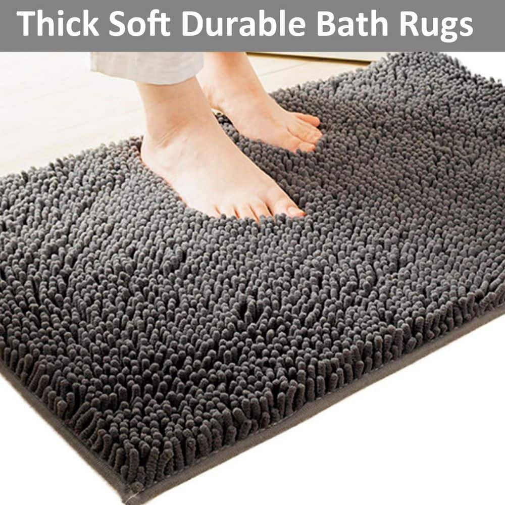 Wudkey 3 Piece Gray Bathroom Rugs Set, 32 in. x 20 in. Non Slip Chenille Bath Mat, Washable Absorbent Bathroom Mats (3)