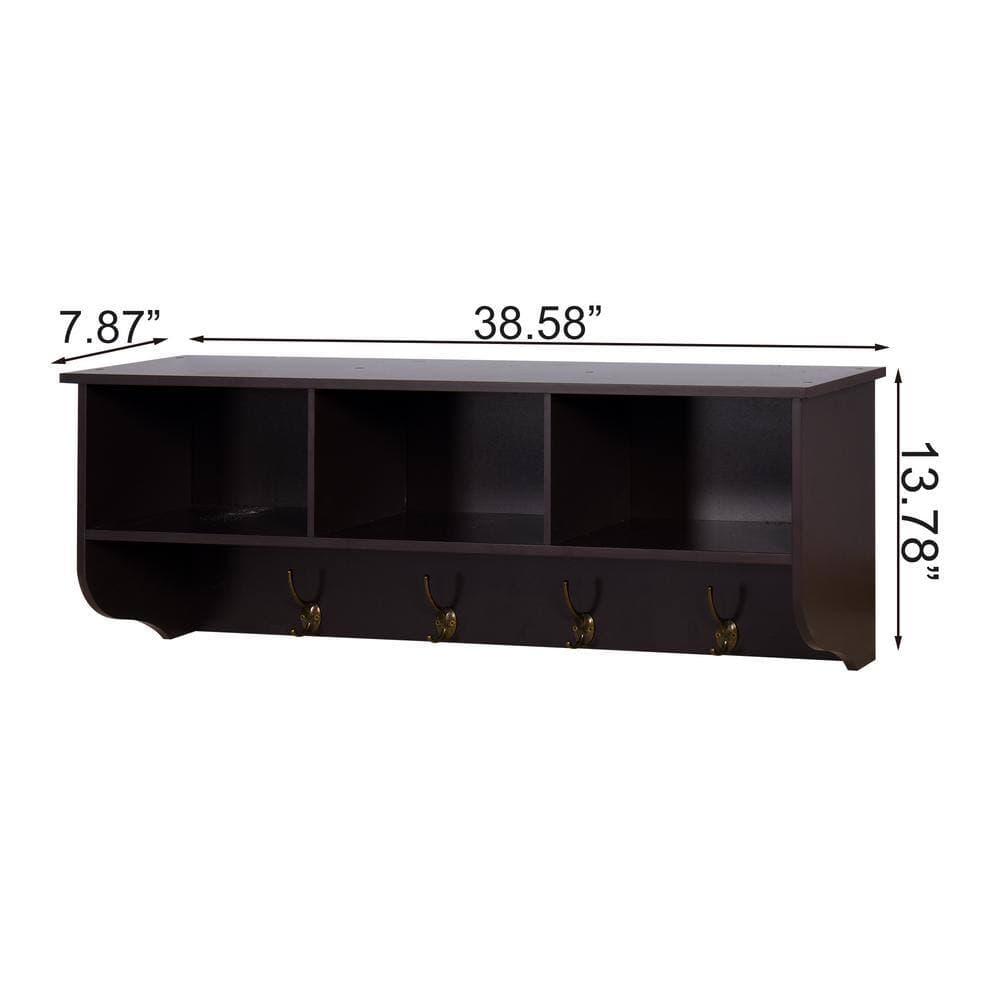 Unbranded 38.58 in. W x 7.87 in. D x 13.78 in. H Bathroom Storage Wall Cabinet with 4 Dual Hooks and Cubic Storage in Brown (2)