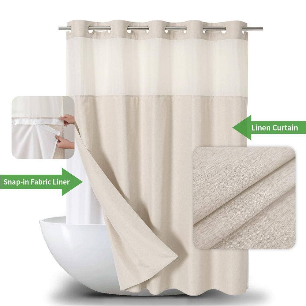 Numhew 71 in. W x 74 in. H No Hooks Polyester Textured Shower Curtain with Snap-in Fabric Liner Set for Bathroom (2)
