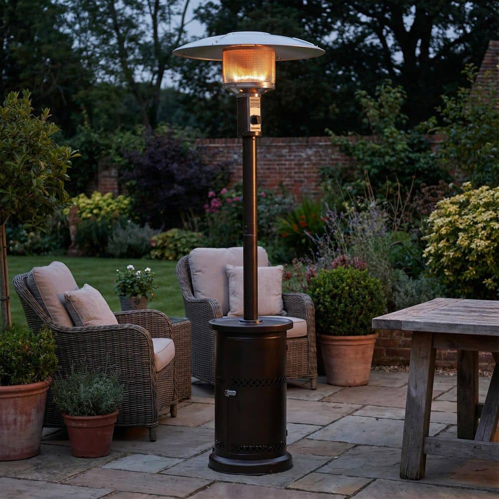 HeatMaxx Outdoor Propane Patio Heater 48000 BTU, Mushroom Top Adjustable Reflector, Tilt Directional Heat, Hammertone Bronze
