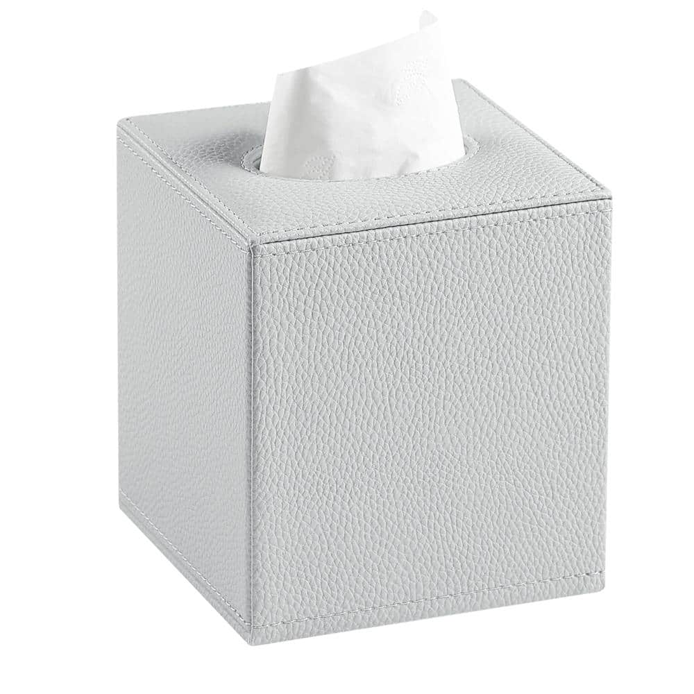 Unbranded Square PU Leather Tissue Box Cover with Dual Magnetic Bottom Closure and Plush Velvet Lining in Grey (1)